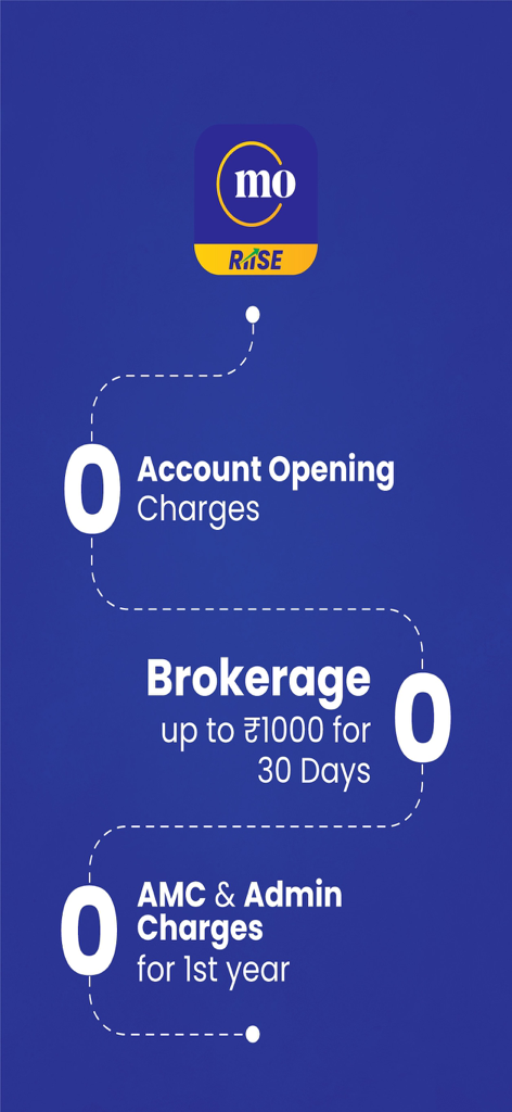 RIISE: Stocks by Motilal Oswal - RIISE app promotional screen showing zero account opening and brokerage fees