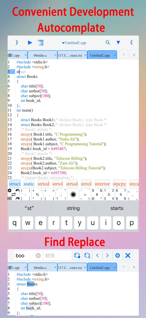 C/C++$-LLVM Clang - Interface of the C/C++ LLVM Clang app showing code autocomplete and find replace functions on a mobile device