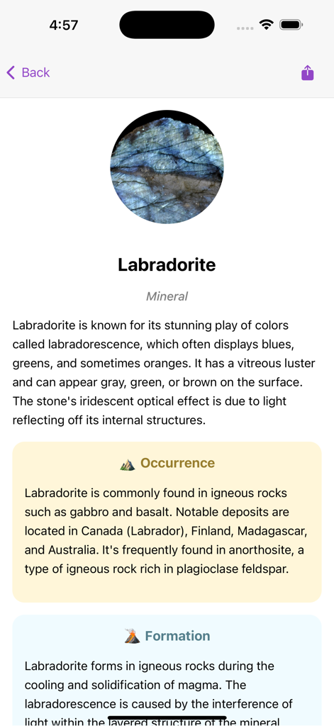 Rock Identifier - Crystal Id - Detailed identification report for Labradorite mineral in a mobile app