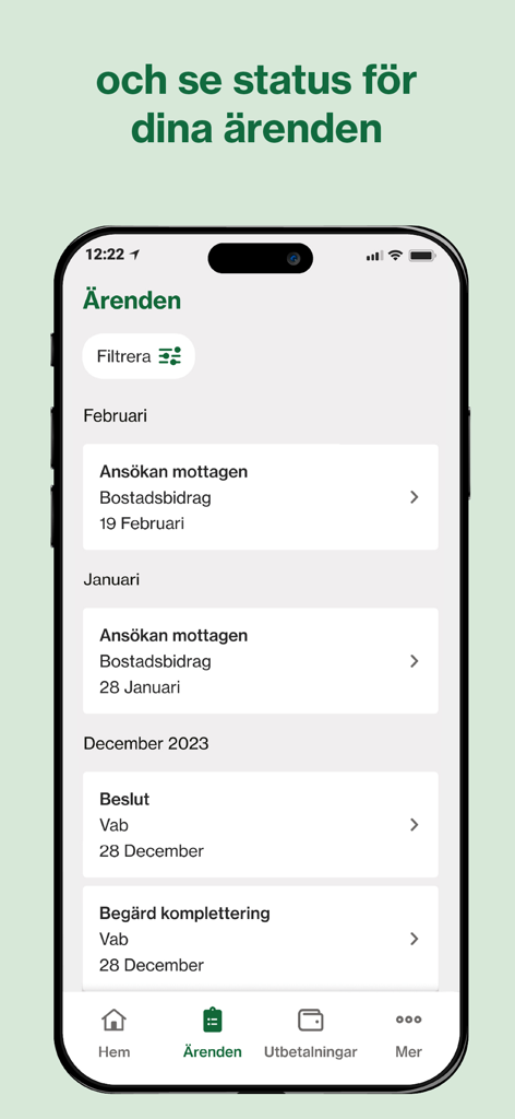 Mobile screen showing a list of social security cases and status updates in the Forsakringskassan app.