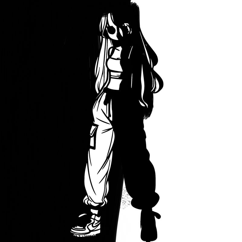 girl in baggy pants crop top and long hair