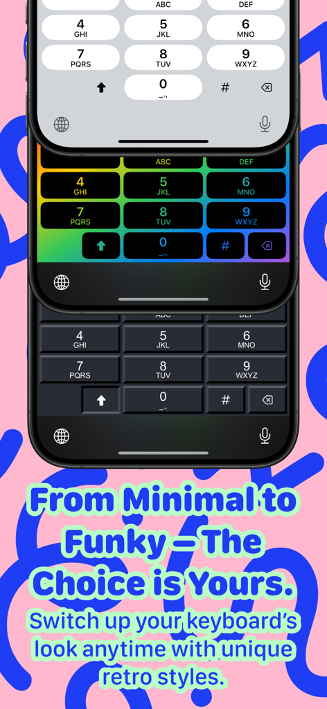 Retro Txt T9 Number Keyboard - A showcase of multiple T9 keyboard themes including minimal white, funky rainbow, and classic black styles on a mobile device.