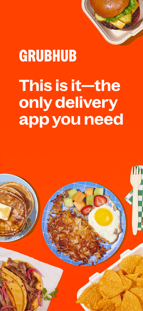 Promoción de la aplicación de entrega de comida Grubhub con varios platos y fondo naranja