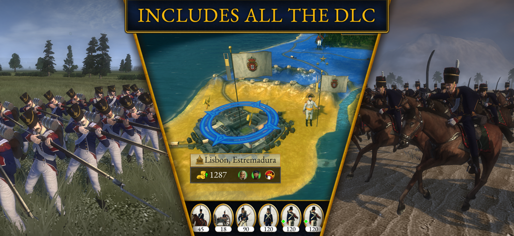 Gameplay collage of Total War Napoleon showcasing infantry battles, the campaign map of Lisbon, and cavalry charges.