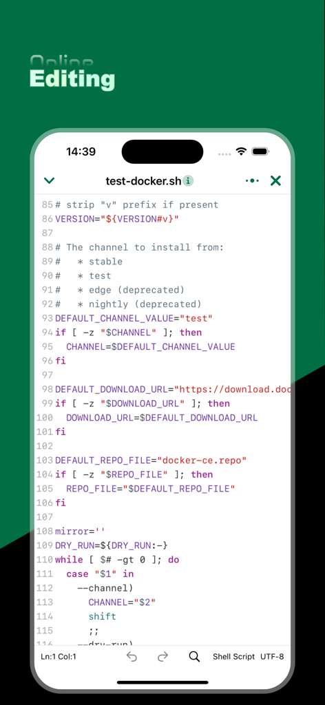 SSHUI - SSH Client & Terminal - SSHUIアプリのインターフェース。構文ハイライト付きのシェルスクリプトファイル用のオンライン編集機能を表示。