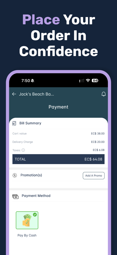 Island Eats - Checkout and payment screen of the Island Eats app showing a bill summary with flat delivery fee and cash payment option