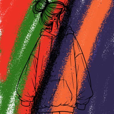 realistic girl with a oversized sweatshirt on and a bun