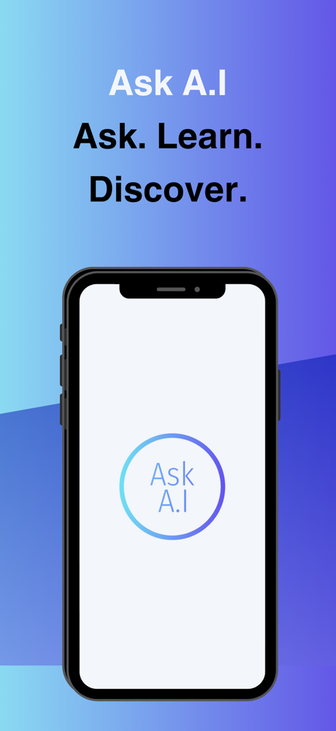 Ask A.I personal helper mobile app splash screen with the tagline Ask Learn Discover