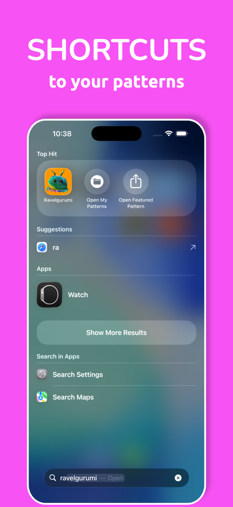 Crochet Patterns: Ravelgurumi - iPhone screenshot showing Ravelgurumi app shortcuts for patterns in the Spotlight search results