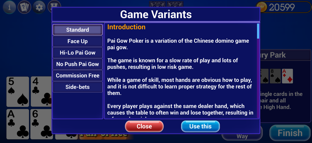 Pai Gow Poker Trainer - A menu in the Pai Gow Poker Trainer app displaying game variants including Standard Face Up and Hi-Lo