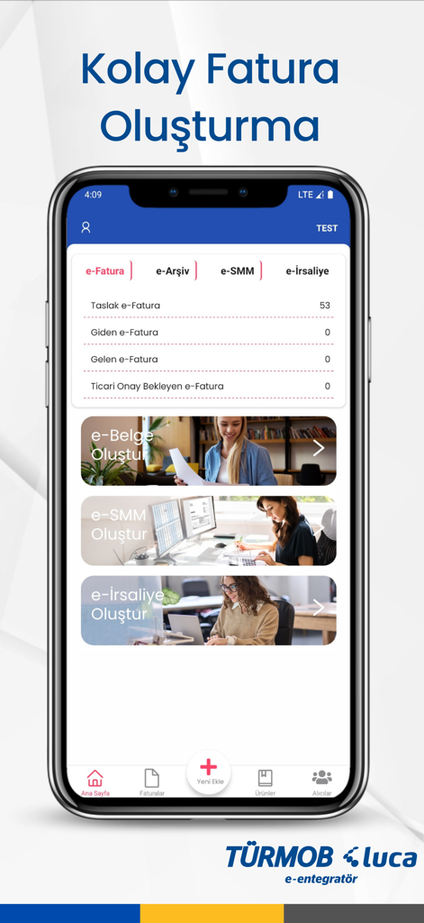 TÜRMOB Luca e-Entegratör - Dashboard of the TÜRMOB Luca e-Entegratör mobile app showing Turkish e-invoice and document management features