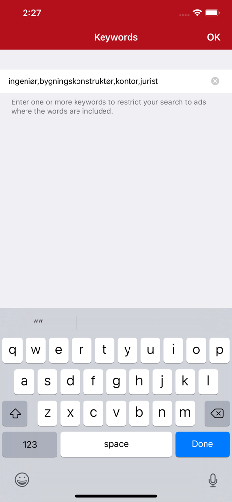 Jobindex: Søg job og arbejde - Keyword search interface in the Jobindex job search app