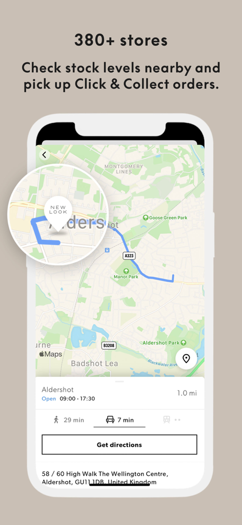 New Look Fashion Online - Localisateur de magasin de l'application New Look montrant des indications sur la carte et des informations sur le retrait en magasin