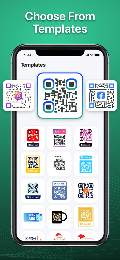 QR Code Scanner Pro - Scanify - A mobile interface displaying a gallery of customizable and branded QR code templates with various colors and icons.