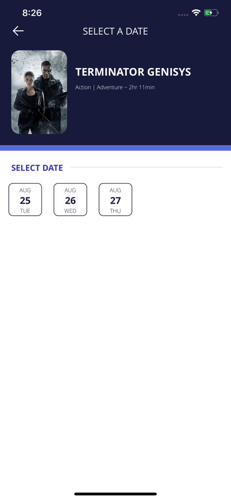 Interface of Scope Cinemas app showing the date selection screen for the movie Terminator Genisys.
