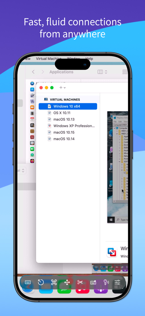 Interfaz móvil de Screens 5 mostrando un escritorio remoto de Mac con una lista de máquinas virtuales.