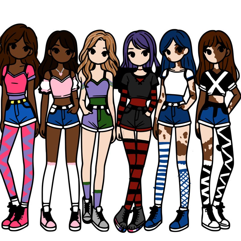 a group of girls wearing crop tops and shorts