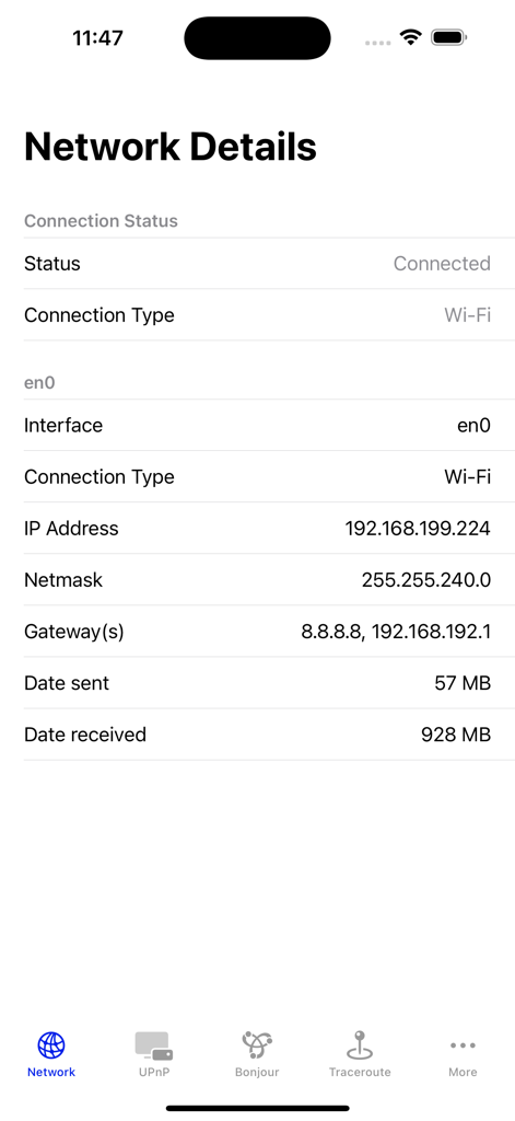 NetTools Pro App-Bildschirm mit detaillierten Netzwerkinformationen, einschließlich Verbindungsstatus und IP-Adresse