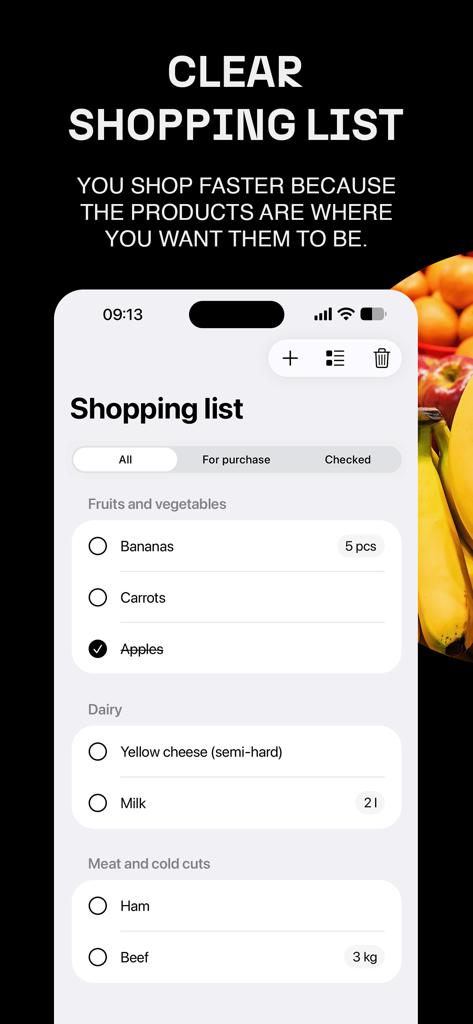 Shoplist - Your shopping list - Shoplist app interface on iPhone displaying a clear shopping list organized by food categories like fruits, dairy, and meat.