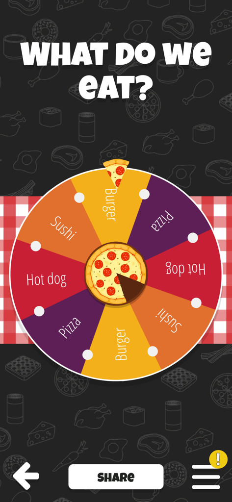 Uma colorida roleta com opções de comida como pizza, hambúrguer e sushi para ajudar a decidir o que comer