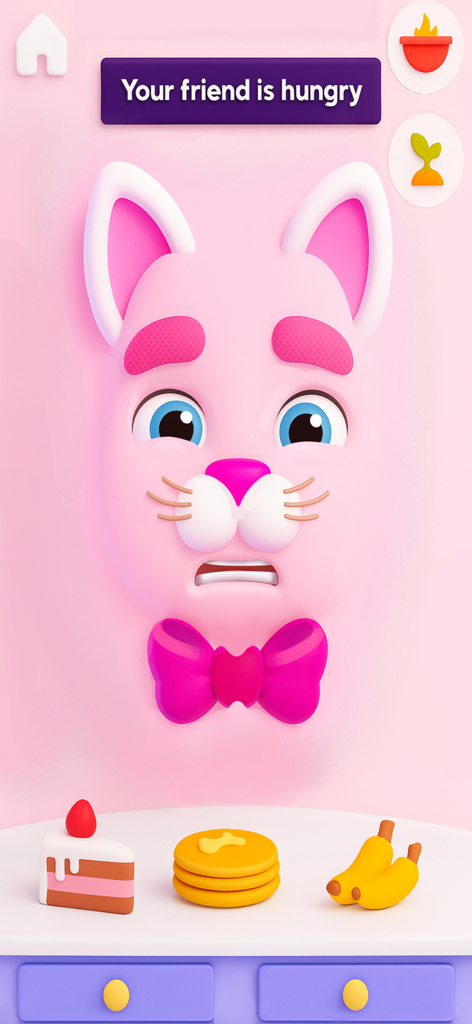 Un personaje de gato slime rosa 3D con aspecto hambriento con opciones para alimentarlo con pastel, tortitas y plátanos