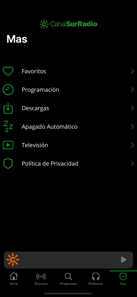 The settings and options menu of the Canal Sur Radio mobile application.