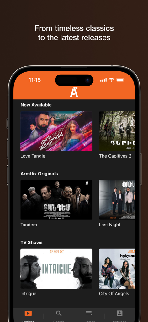 ArmFlix app interface displaying a selection of Armenian movies and series