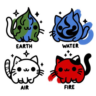 4 cats that represent the different elements, earth, water, air, and fire