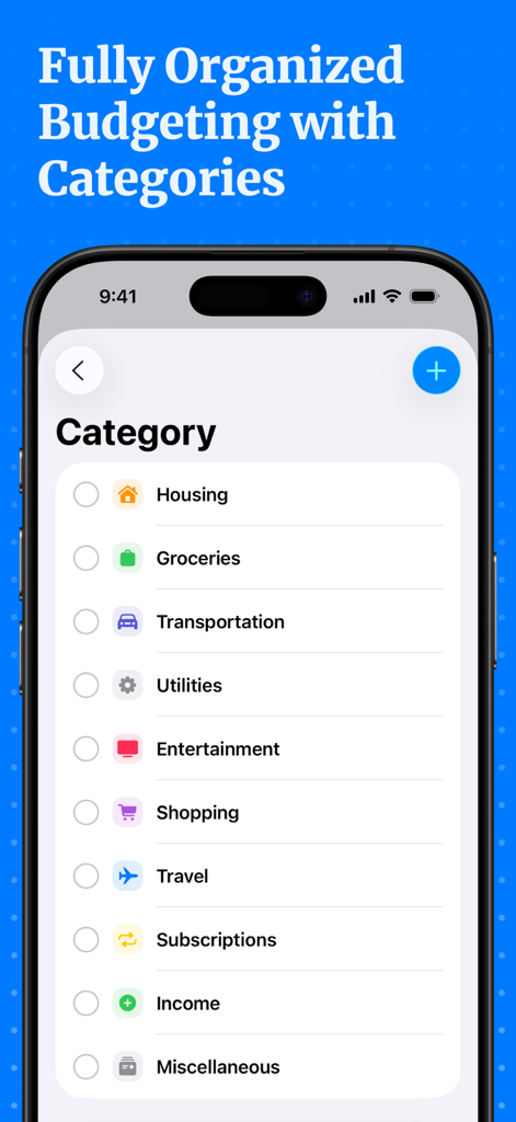 Expenses Tracker - Accountit - Screenshot of Accountit app showing a list of spending categories like Housing, Groceries, and Transportation for organized budgeting.