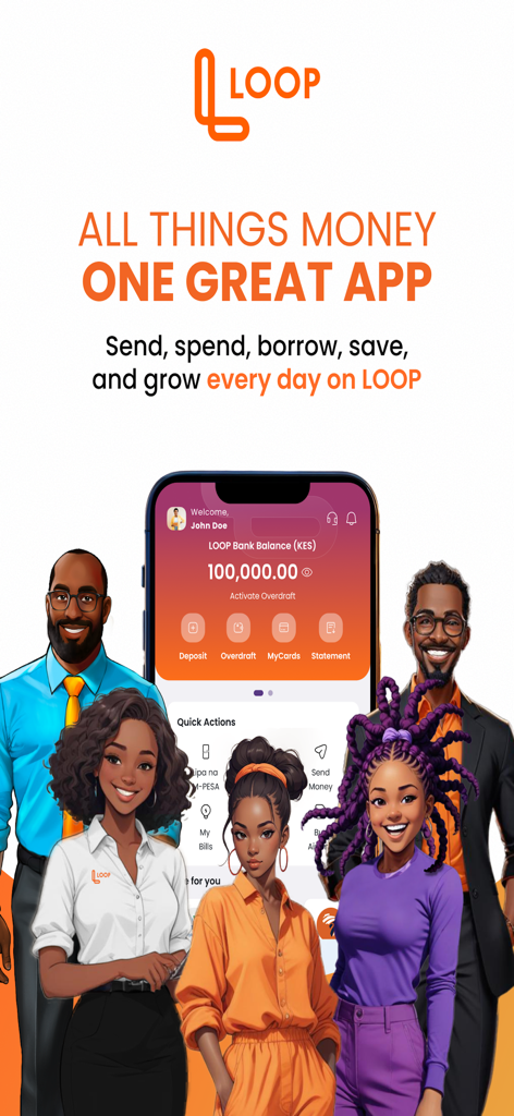 LOOP mobile app home screen showing bank balance and financial features for money management
