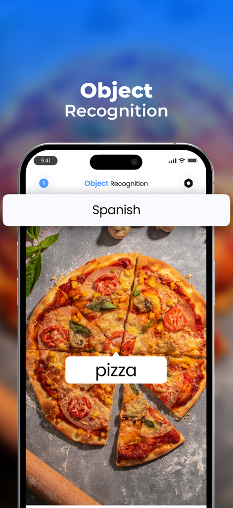 スペイン語に翻訳されるピザを特定するモバイル翻訳アプリのAIオブジェクト認識機能