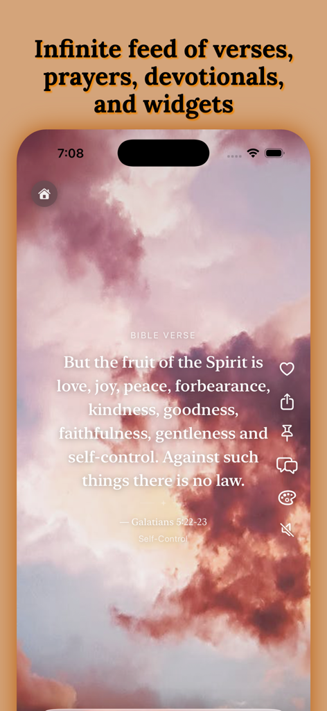 Bible Plus: Pray, Study & Read - Flux de versets quotidiens de l'application Bible Plus avec Galates 5:22-23 sur un fond de ciel paisible.