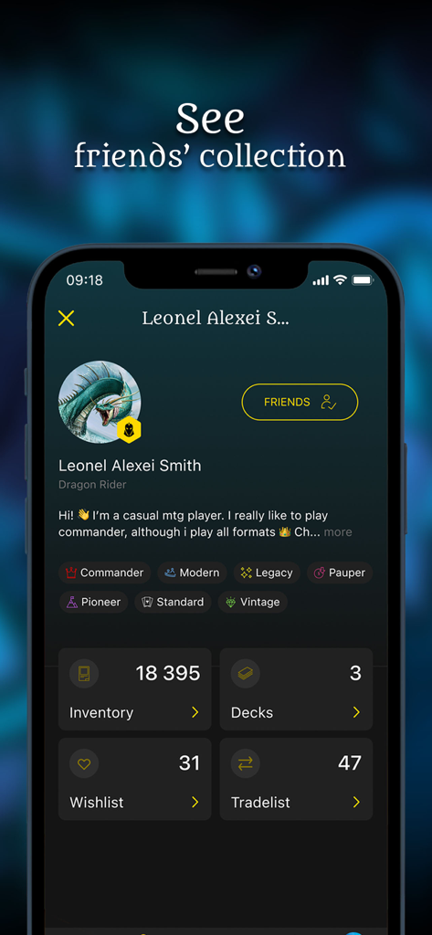 YGO Scanner - Dragon Shield - A user profile in the Dragon Shield YGO Scanner app showing card inventory and wishlist counts