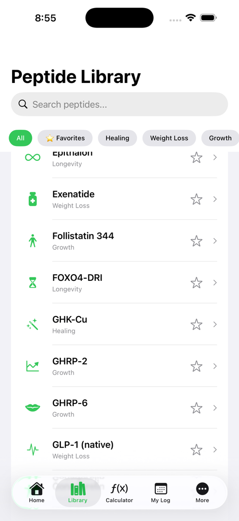 PepWise - Peptide Tracker - PepWise app screen showing the Peptide Library with a list of peptides like Exenatide and Follistatin categorized by health goals