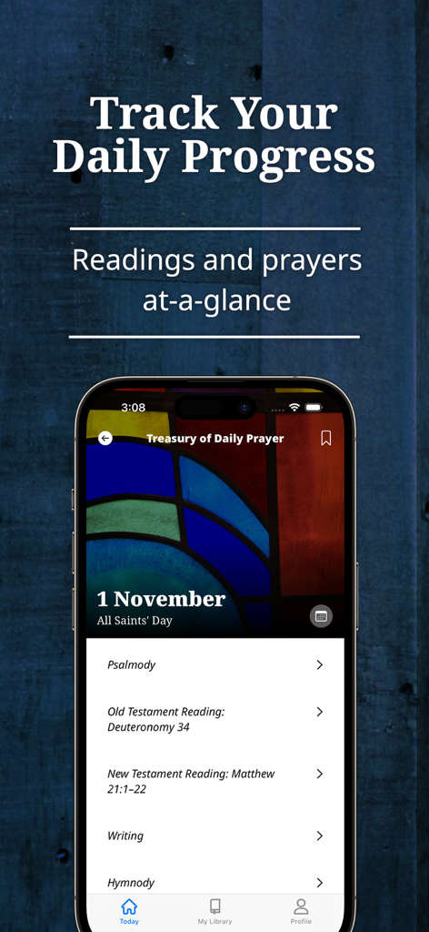 InPrayer by CPH - InPrayer by CPH app displaying daily devotional readings and progress on an iPhone