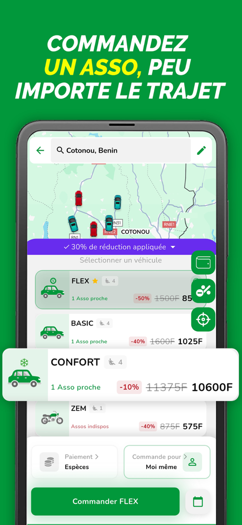 RMobility Afrique - RMobility Afrique Fahrdienstoberfläche, die Fahrzeugoptionen und eine Karte von Cotonou, Benin, anzeigt.
