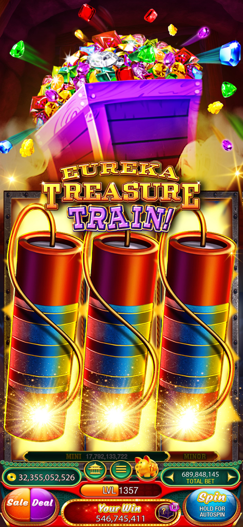 88 Fortunes slots gameplay screen featuring the Eureka Treasure Train theme and dynamite reels