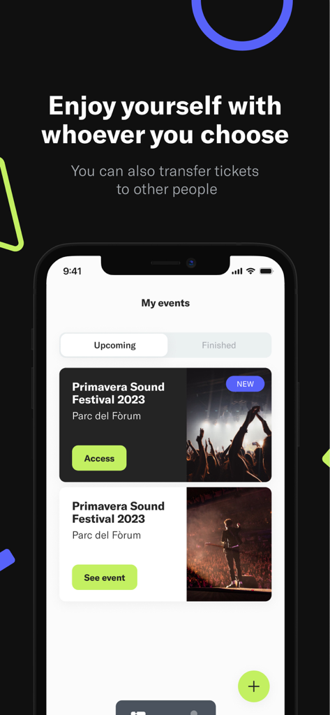 La interfaz de la aplicación AccessTicket muestra las próximas entradas al Primavera Sound Festival 2023 y los detalles del evento.