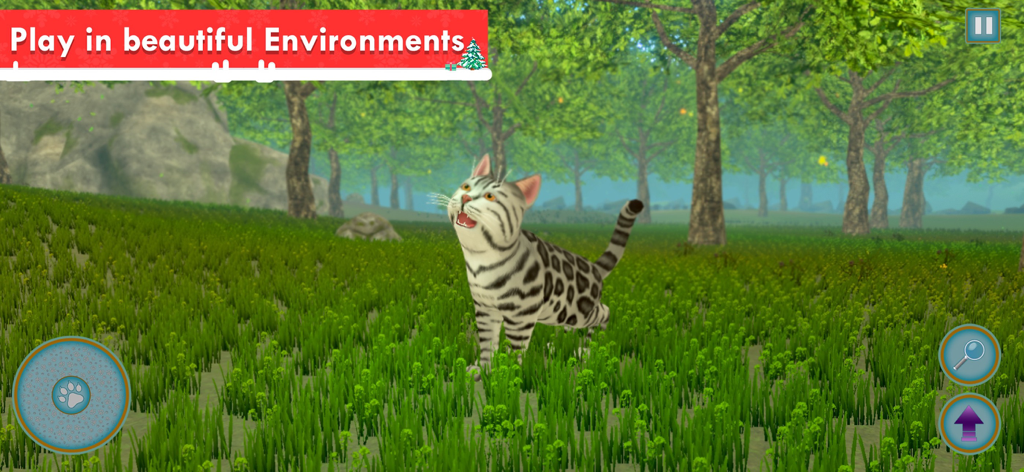 My Cat: Virtual Cat Simulator - Un gato moteado explorando un hermoso entorno forestal en el juego Mi Gato Simulador de Gato Virtual