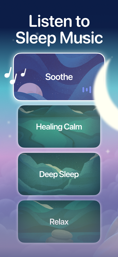 Bedtime Fan app interface showing sleep music options like Soothe and Deep Sleep