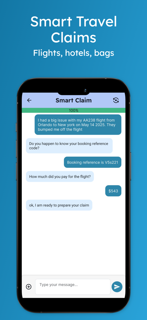 RefundMe AI travel claims - Chat interface of the RefundMe app showing a user reporting a flight disruption to an AI assistant