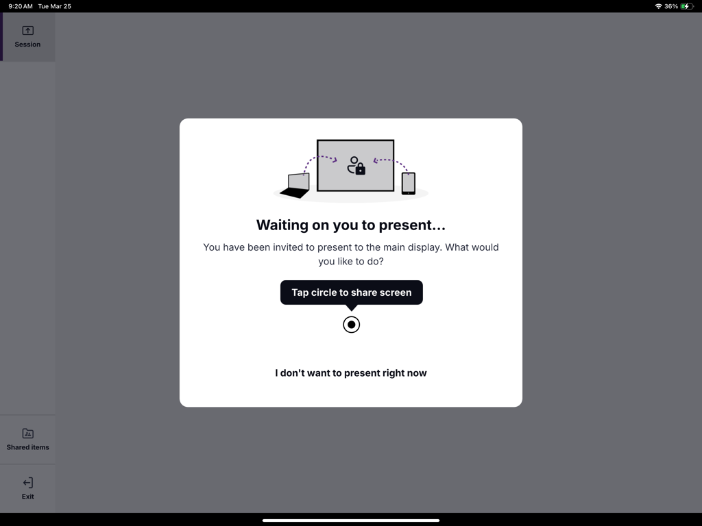 Invitation prompt in the SMART Mirror app asking the user to share their tablet screen to a SMART Board