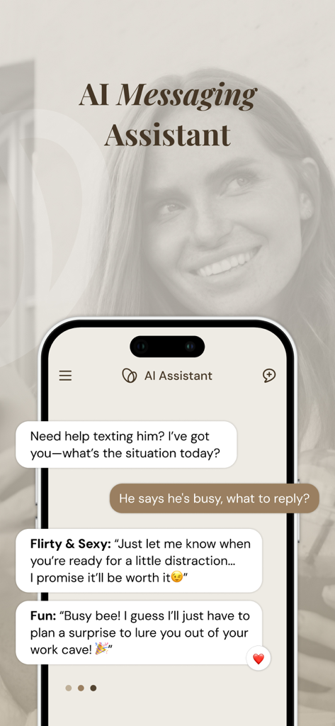 Affemity: Relationship Coach - Assistente di messaggistica AI di Affemity che mostra risposte di testo suggerite per gli appuntamenti
