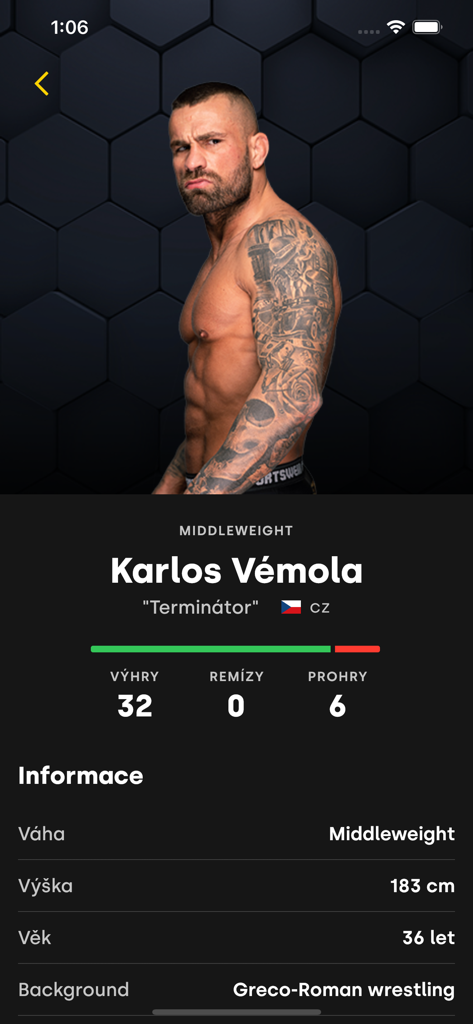 Perfil de Karlos Vemola no aplicativo OKTAGON MMA exibindo vitórias, derrotas e estatísticas do lutador