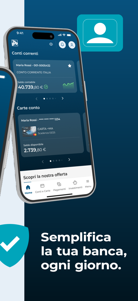 Dashboard of the SCRIGNObps mobile banking app showing account balances