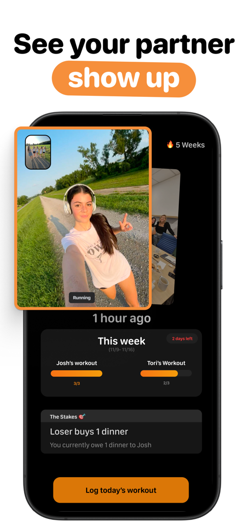 Sweatmates: Couples Fitness - A mobile interface for the Sweatmates app showing a partner's workout selfie, weekly progress bars for a couple, and a lighthearted wager for motivation.