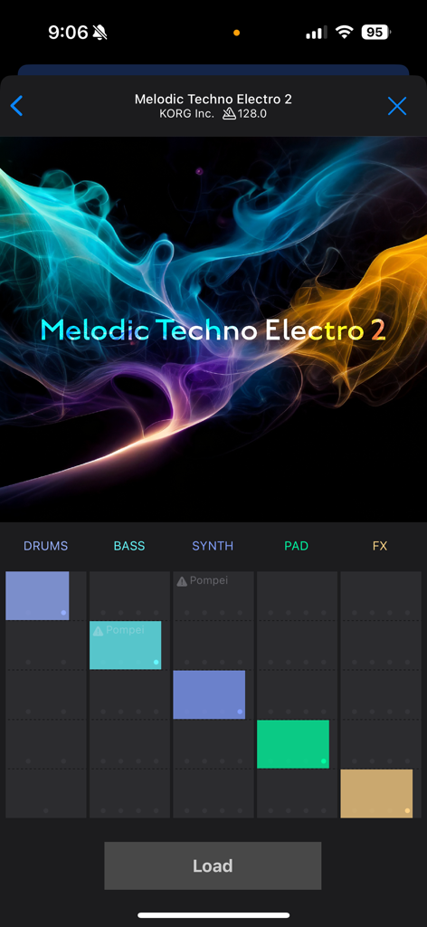 KORG Gadget 3 - Interfaccia dell'app KORG Gadget 3 che mostra la schermata Genre Select per Melodic Techno Electro con griglia di pattern.