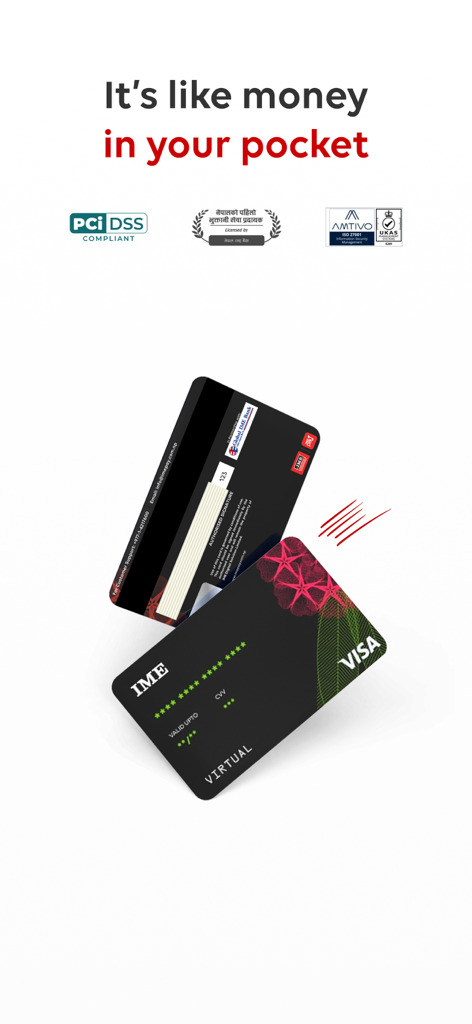 IME Pay virtual Visa card with security compliance logos and slogan