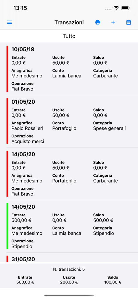 Prima Nota Contabile - Tela de registro de transações mostrando receitas e despesas no aplicativo Prima Nota Contabile