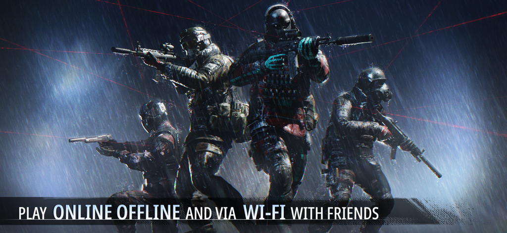 Special Forces Group 3 - Four tactical soldiers in the rain with text promoting online and offline play with friends